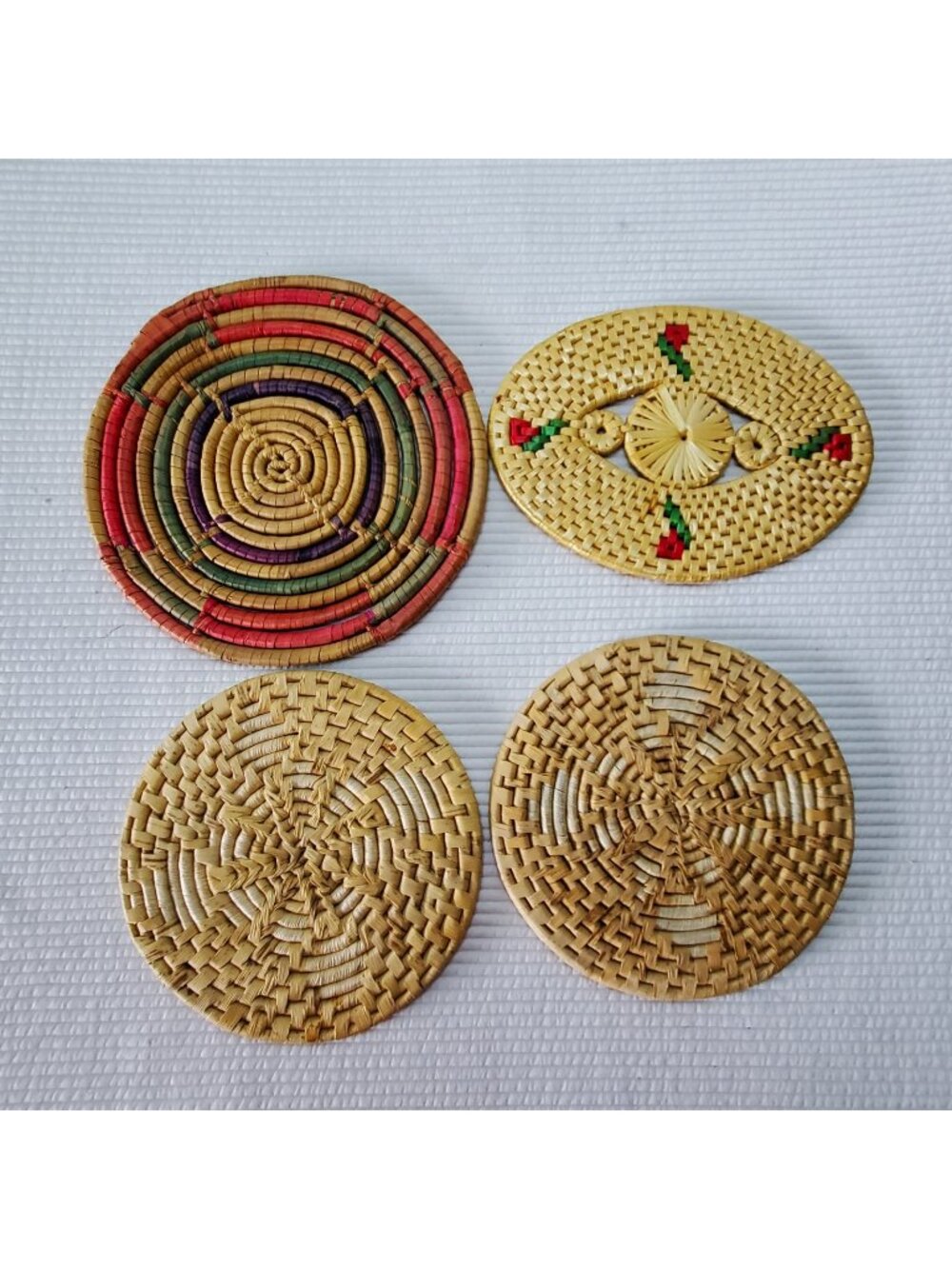 4 Vintage Raffia Rattan Trivets 8" Hot Plate Boho Multi Colour Wall Art Round